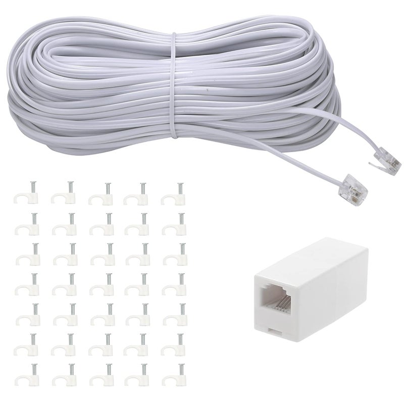 Ubramac 100Feet Long Telephone Extension Cord Phone Cable Line Wire, with Standard RJ11 Plug and 1 in-Line Couplers and 35Cable Clip Holders-White - Image 1